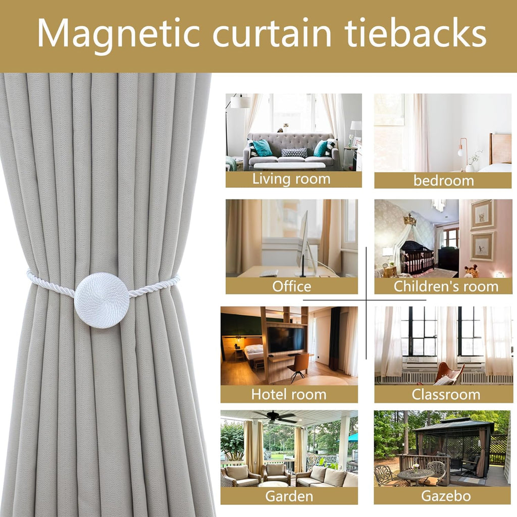 Magnetic Curtain Tiebacks - 12mm Magnetic Tie Backs for Curtains, Heavy Duty No Drill Curtain Holdbacks for Home/Office Windows Drapes, Elegant Gift-Ready Design 7 Colors (2, White)
