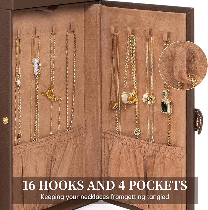 AKOZLIN 6-Tier Jewelry Box Organizer Functional 5 Drawers Leather Jewelry Storage Case for Women Girls Ring Necklace Earring Bracelet Holder Organizer with Mirror Brown