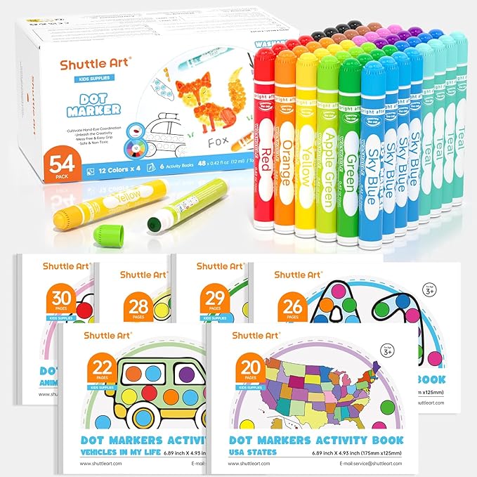 Shuttle Art 48 Pack Washable Dot Markers, 12 Assorted Colors with 6 Activity Books, Fun Art Supplies for Kids Toddlers, Non Toxic Water-Based Paint Daubers, 4 Sets x 12 Colors Dot Markers