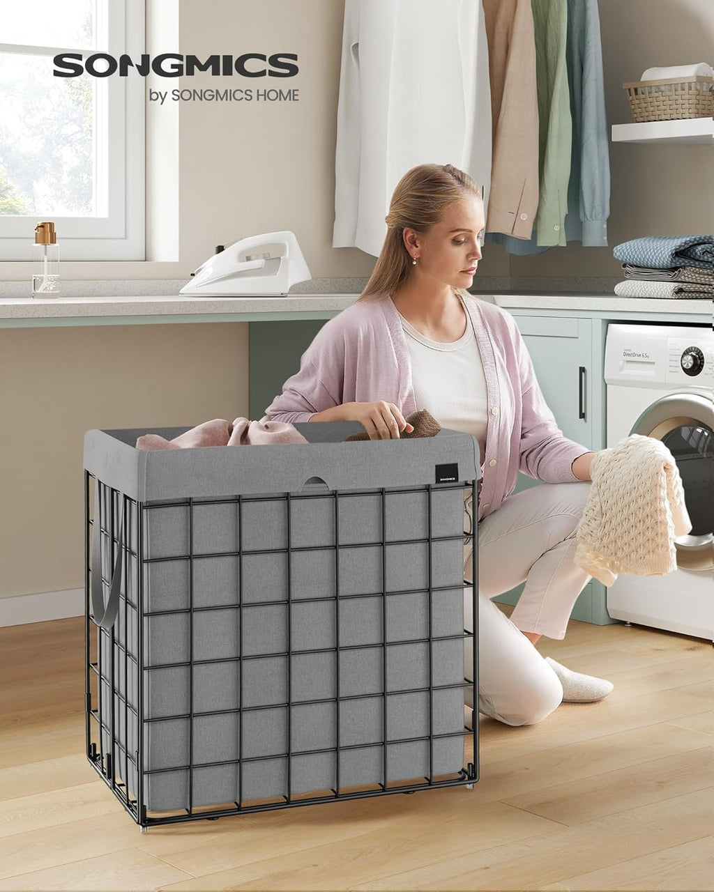 SONGMICS Laundry Hamper, 34.3 Gal. (130L) Laundry Basket, Collapsible Clothes Hamper, Removable and Washable Liner, Metal Wire Frame, for Bedroom Bathroom, Black and Gray ULCB113G01