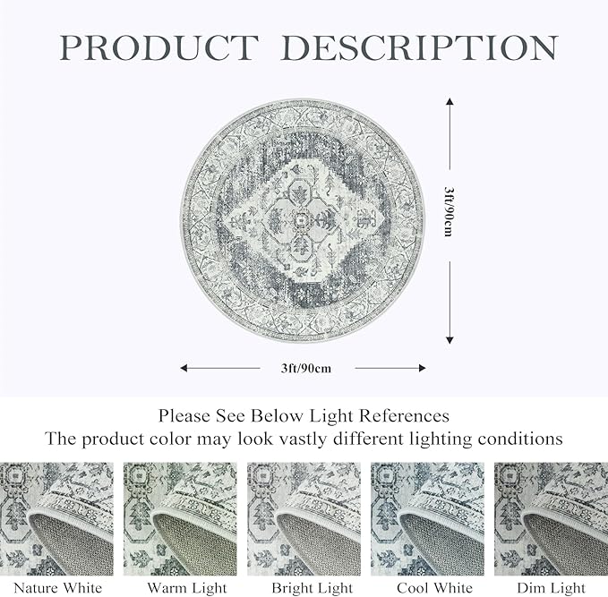 Lahome Boho Round Area Rug - 3Ft Round Rug Non-Slip Washable Bathroom Rug Low-Pile Throw Small Circle Carpet for Bedroom, Oriental Distressed Print Grey Round Mat for Entryway Sofa Kitchen Office