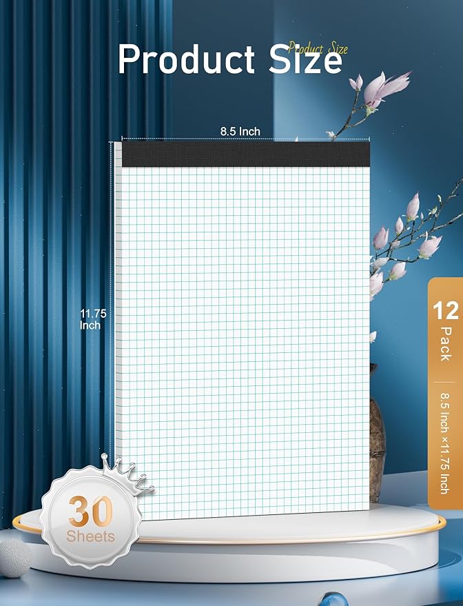 Graph Paper Pad 8.5 x 11, 12 Pack Graph Paper Notebook, 4x4 Graph Ruled, Grid Paper Pad 8-1/2" x 11", Blueprint Quadrille Pads, Grid Paper Notebook 8.5 x 11, White 70 GSM Graft Paper, 30 Sheets/Pad