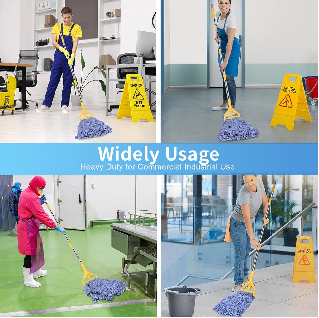 Commercial Mop with Extra Head Replacement, 63Inch Handle Heavy Duty Industrial Mop Looped-End String Wet Mops for Floor Cleaning for Warehouse, Workshop, Garage, Office, Home (2 Mops Head)