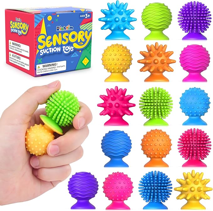 Sensory Fidget Toys Kids Adults: 16 Pack Textured Suction Toys for Autism Kids Calming - Quiet Anxiety Fidgets for Classroom Prize - Calm Down Toy for Girls Boys - Gifts Christmas Stocking Stuffers