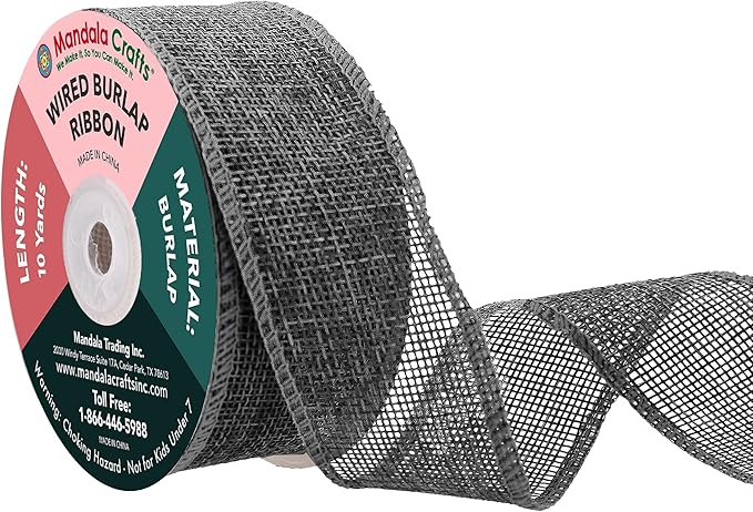 Mandala Crafts Gray Burlap Wired Ribbon 1.5 Inches Wide Jute Ribbons for Crafts - 10 Yds Roll Rustic Burlap Wrap Trim Ribbons for Wreaths Bows Party Decoration