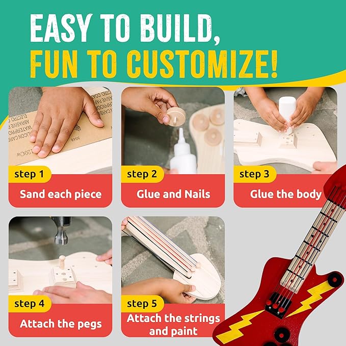DIY Wood Building Kits, STEM Woodworking Kit for Kids, Creative Fun Craft Projects, Great Gift for Boys & Girls (Wooden Guitar, 1-Pack)