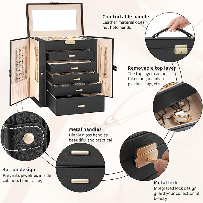 AKOZLIN Large 6-Tier Jewelry Box Lockable Leather Jewelry Storage Case with 5 Drawers for Women Girls Ring Necklace Earring Bracelet Holder Organizer with Mirror