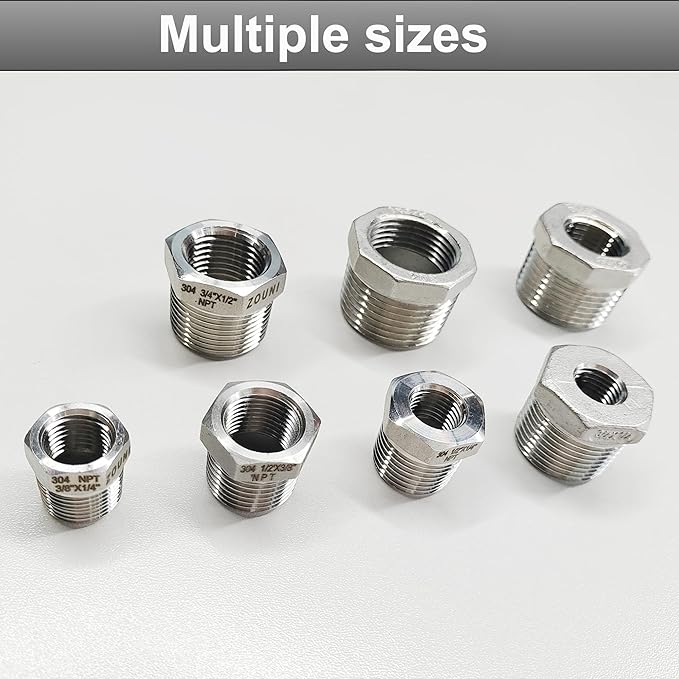 2 Pcs 304 Stainless Steel Reducer Hex Bushing, 3/8" Male NPT to 1/4" Female NPT（ 3/8"MNPT - 1/4"FNPT） Pipe Fitting Hex Bushing, Heavy Duty Pipe Fitting Reducer Adapter (3/8" - 1/4")