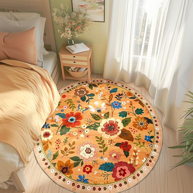 Floral 6ft Area Rug Machine Washable Soft Print Boho Carpet Non Slip Doormat Low Pile Flower Area Rugs for Living Room Bedroom Nursery Kitchen Dining Room Indoor-Yellow/Orange