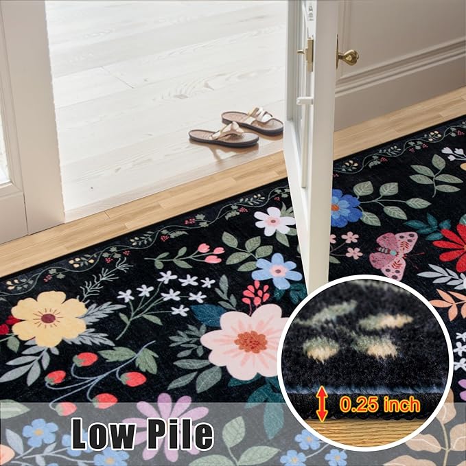 8x10 Area Rugs for Living Room: Washable Rug Vintage Large Soft Boho Floral Non-Slip Carpet Indoor Floor Stain Resistant Thin Carpets for Bedroom Dining Room Farmhouse Nursery Home Office Black