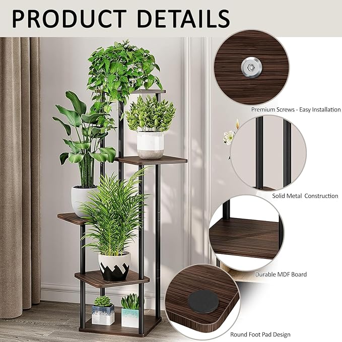5 Tier Wood Tall Plant Stand Metal Rack Indoor, Multiple Flower Pot Holder Shelves Corner Rack, Planter Shelf Display Rack Storage Organizer for Patio Living Room Balcony Garden(Black Oak)