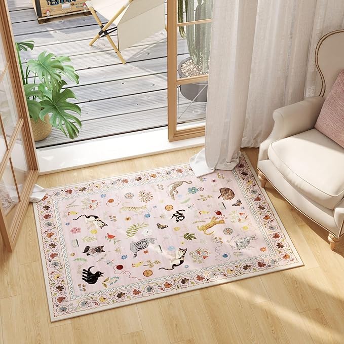 Rugcomf Door Mat Indoor Entrance 2x3 Rug Machine Washable Boho Floral Animal Cat Small Area Rug Non-Slip Low Pile Throw Rugs for Entryway Kitchen Front Door Indoor Entrance Entry Kids Room, Pink