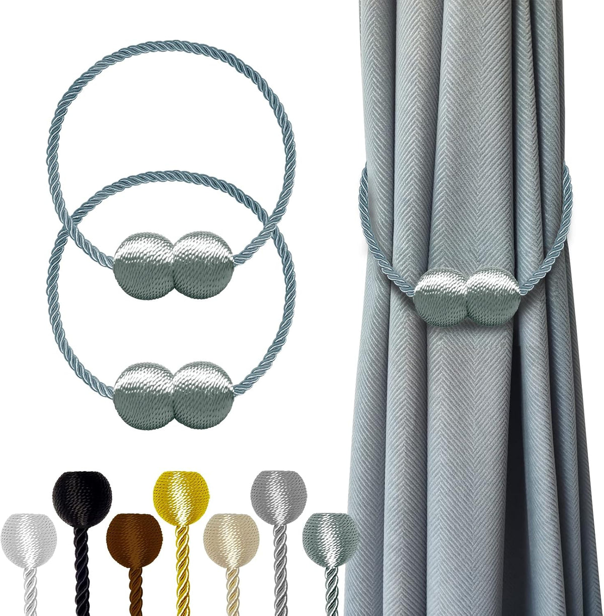 Hion Magnetic Curtain Tiebacks Gray Blue 2 Pack, Curtain Tiebacks Buckles Holdbacks Holders Hooks Clip for Home Bedroom Office Decorative Thick or Thin Curtain