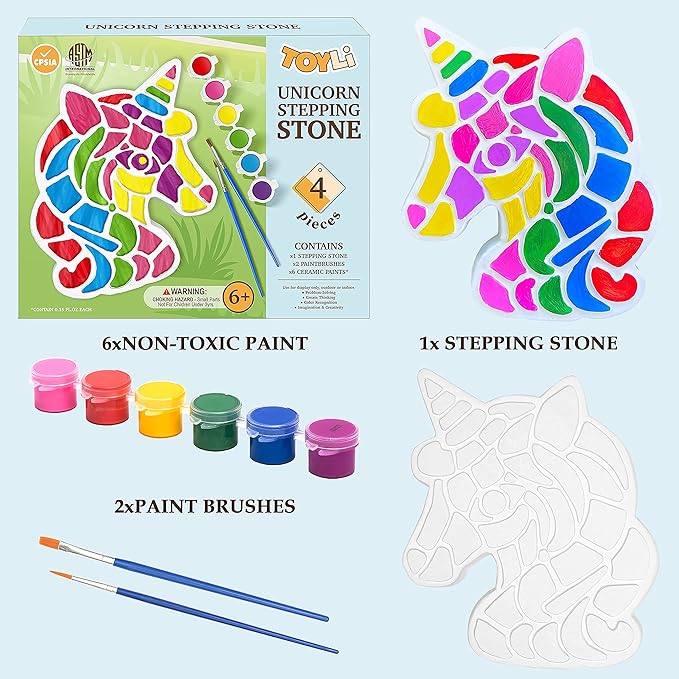 TOYLI Unicorn Painting Kit for Kids, Art Set, DIY Project, Stepping Stone Kit, Includes 2 Brushes and 6 Paints, Mess-Free Arts and Crafts