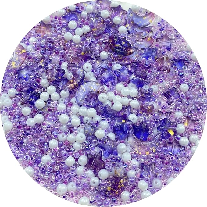 Assorted Glass Beads for Jewelry Making Multi Size Colors Glass Star Moon Seed Pearl Spacer Beads for Bracelets Necklace Earring Making(White Light Purple)
