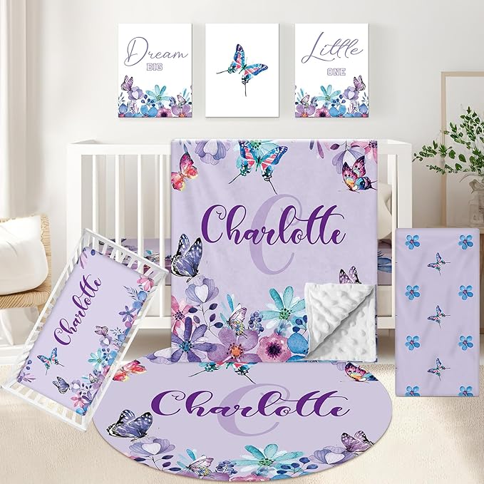 Personalized 5-Piece Crib Set, Custom Bedding With Name for Girls, Purple Butterfly Nursery Set, Gifts for Infants, Toddlers, New Parents