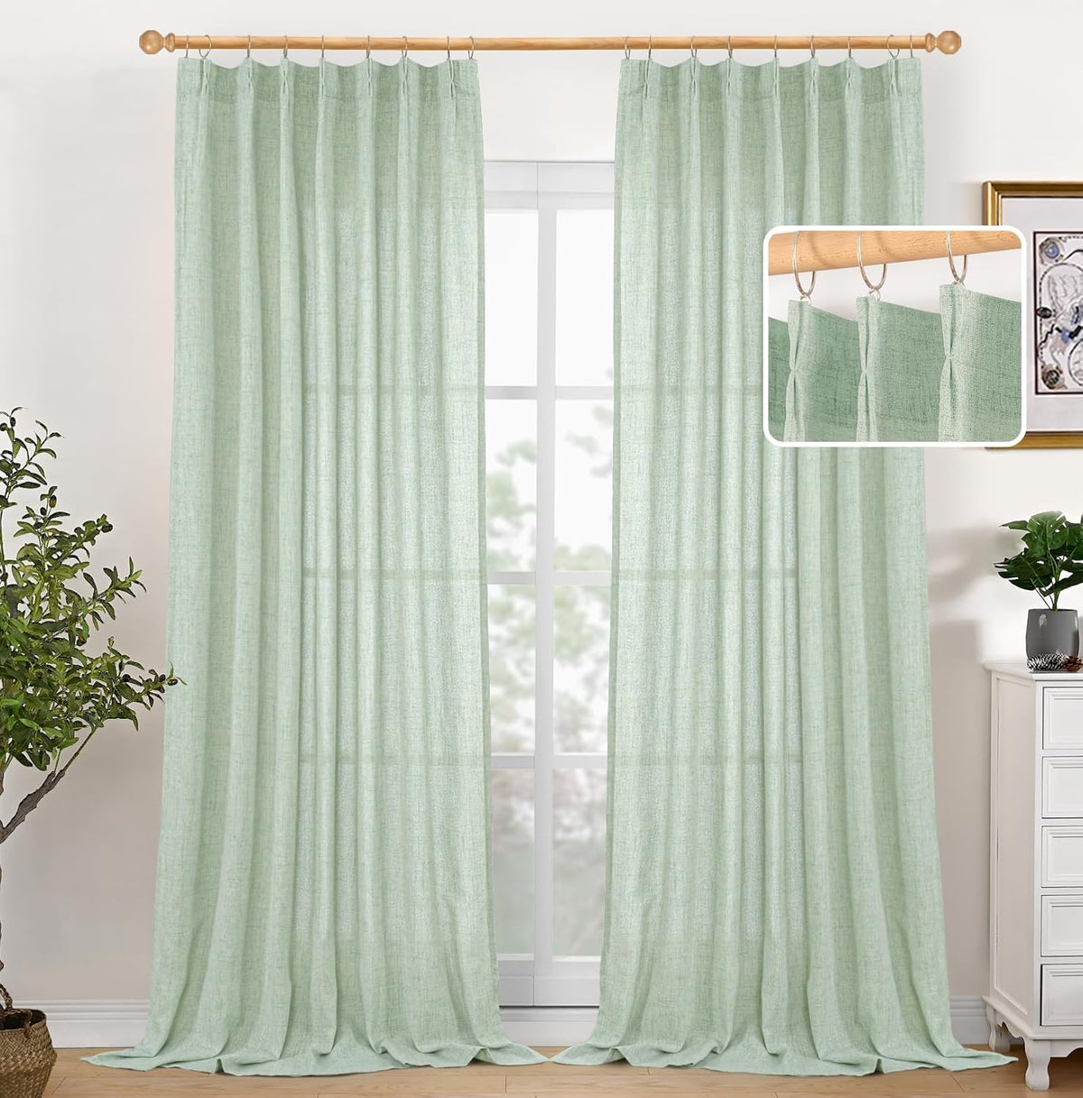 YoungsTex Sage Green Linen Curtains 90 Inch Length Living Room, Textured Semi Sheer Drapes Light Filtering with Pinch Pleated Window Treatments for Bedroom Dining Room, 2 Panels, 40 X 90 Inch