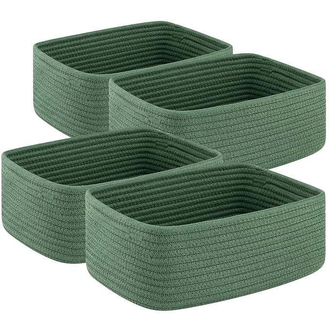 4 Pack Small Storage Shelf Baskets for Organizing, Mini Woven Rope Storage Bins for Towels, Cute Decorative Closet Organizer，Baby Nursery, Gift Empty Baskets -13''Lx8.66''Wx5.11''H-Green