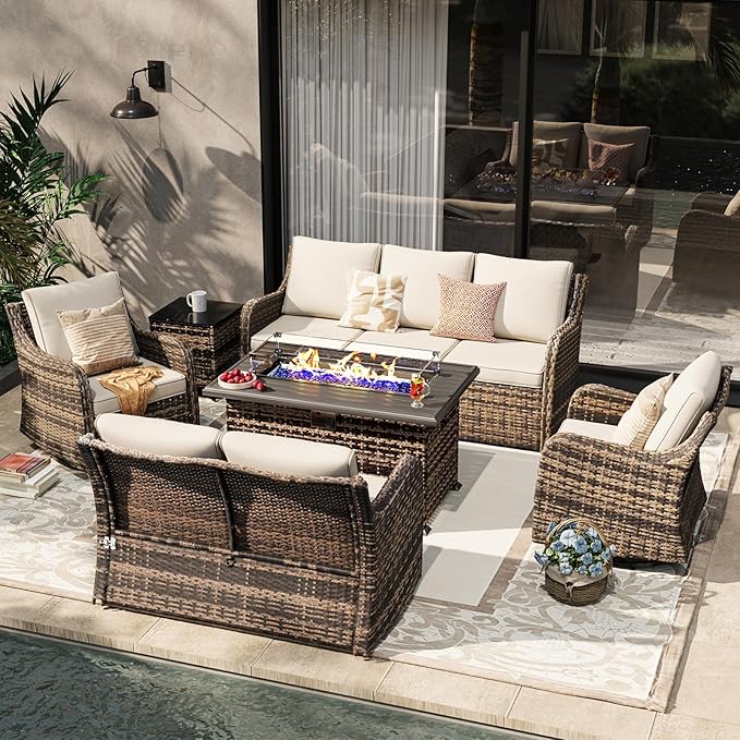 MEISSALIVVE 6 Pieces Patio Furniture Set with 43" Fire Pit Table, Wicker Patio Conversation Set with Swivel Rocking Chairs, Outdoor Patio Set for Lawn Backyard Porch (Brown)