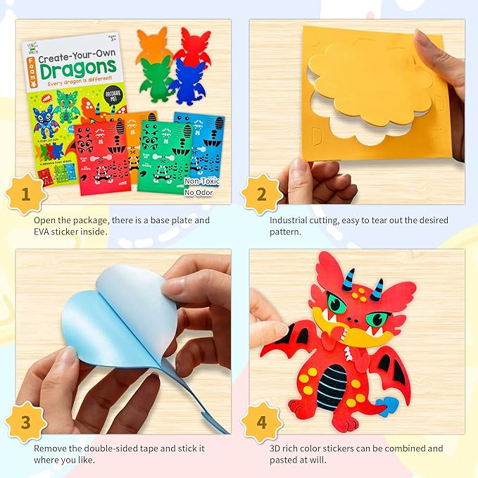 VKPI 4 Pieces EVA Foam Art Crafts Gift Kit, Creative Make Your Own Dragon, Cartoon Foam Paper Craft Projects for Kids Ages 4+ Toddler, Preschool Learning Toy for Birthday Party Favor Supplies