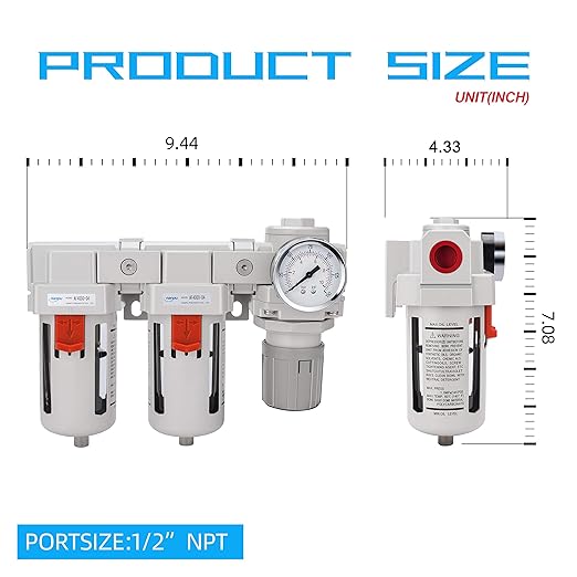 NANPU 1/2" NPT Air Drying System - 5 Micron Particulate Filter, 0.01 Micron Coalescing Filter, Air Pressure Regulator Combo - Semi-Auto Drain, Poly Bowl w/Metal Gauge