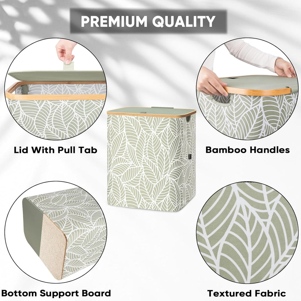 BALEINE Laundry Hamper with Lid, Tall Laundry Baskets with Bamboo Pull Handles, Large Laundry Bin with Internal Support (36 Gal/140L, Antique Foliage)