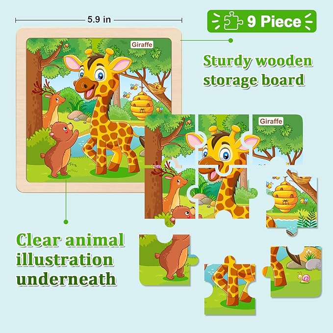 Wooden Puzzles for Toddlers 2-4, 9 Pieces Animal Jigsaw Puzzles for Kids Ages 3-5, Preschool Learning Activities, Learning & Educational Toys, Gifts for Boys, Girls