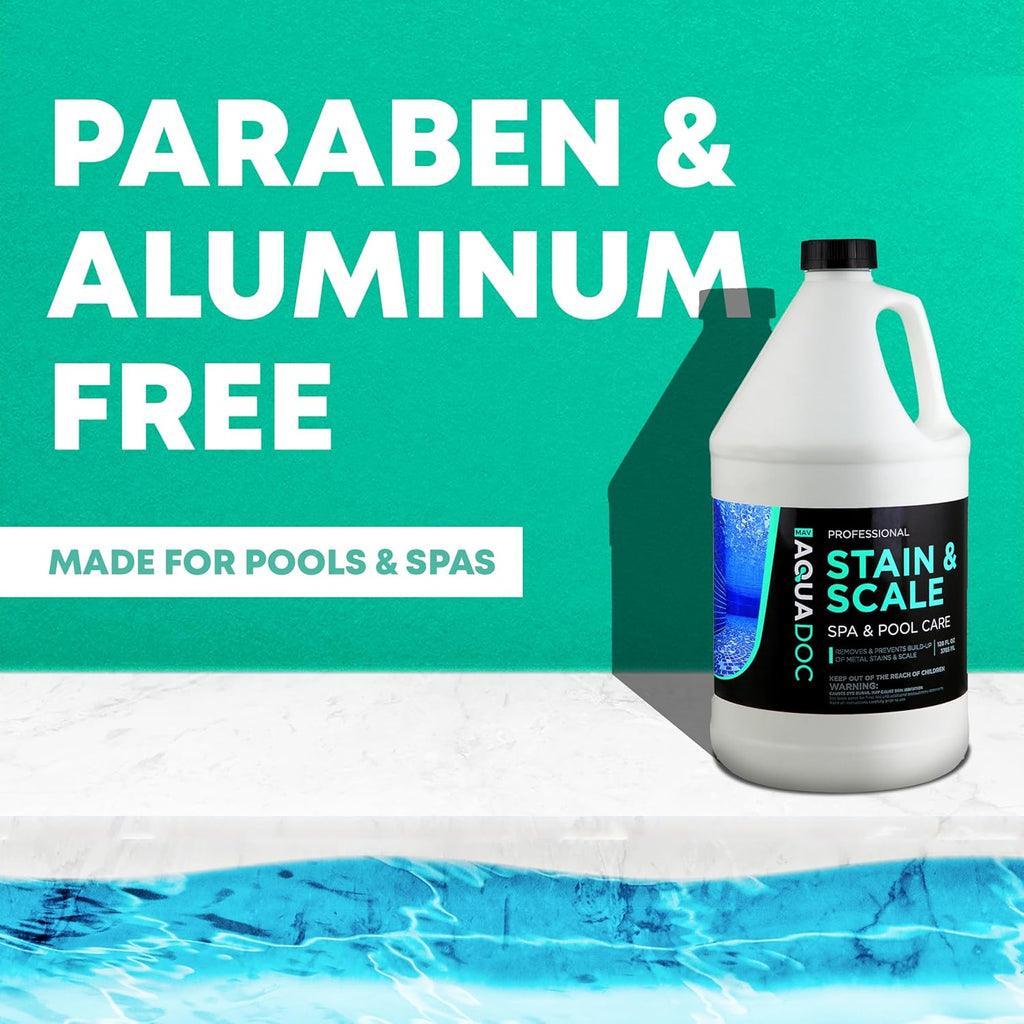 Pool & Hot Tub Stain and Scale Remover - AquaDoc 1 Gallon (128oz) Pool Stain & Scale for Calcium, Iron, Copper & Rust Buildup - Works on Vinyl, Plaster, Fiberglass, Pebble & More
