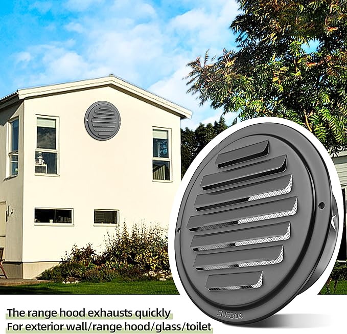 4inch 304 Stainless Steel Air Vents, Louvered Grille Cover Vent Hood Flat Ducting Ventilation Air Vent Wall Air Outlet with Fly Screen Mesh for House (4 inch Black Paint Cover （100mm）)