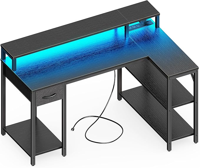 SUPERJARE Reversible L Shaped Gaming Desk with Drawer, LED Lights & Power Outlets, Corner Computer Desk with Shelves & Monitor Stand for Home, Office, Black, 47 inches