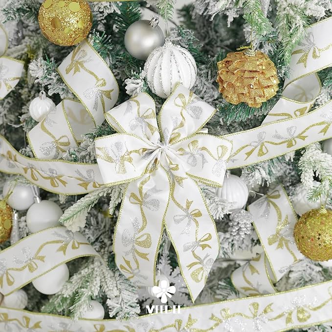 MEEDEE Gold & Silver Christmas Ribbon - 2.5 Inch White Satin with Glittery Bows Pattern - 10 Yards Wired Ribbon for Tree, Garlands & Toppers