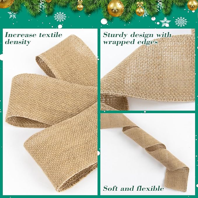 Burlap Ribbon 3 Inch Wide - Natural Burlap Fabric Rustic 29.5 FT 2 Rolls 4.9 Yard Thick Jute Christmas Ribbon for Crafts Flower Bouquet Christmas Tree Decorations
