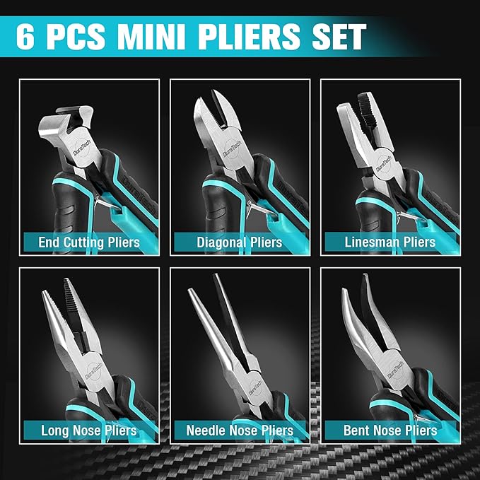 DURATECH Mini Pliers Set, 6PCS Jewelry Pliers Set, CRV Construction, Includes Needle Nose, Diagonal, Long Nose, Bent Nose, End Cutting and Linesman Pliers, for Making Crafts, Repairing Electronic