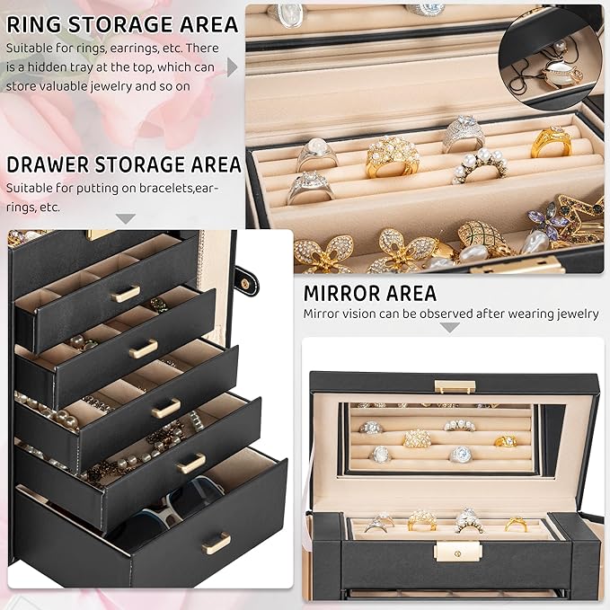 AKOZLIN Large 6-Tier Jewelry Box Lockable Leather Jewelry Storage Case with 5 Drawers for Women Girls Ring Necklace Earring Bracelet Holder Organizer with Mirror