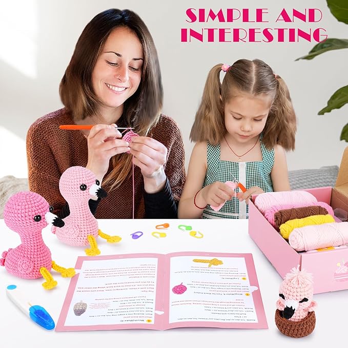 Crochet Kit for Beginners -Flamingo Family Crochet Kits with Step-by-Step Video Tutorials, Beginner Crochet Kit for Adults, Crochet Animal Kit for Kids, 3PCS Flamingo Crocheting Set(Pink)