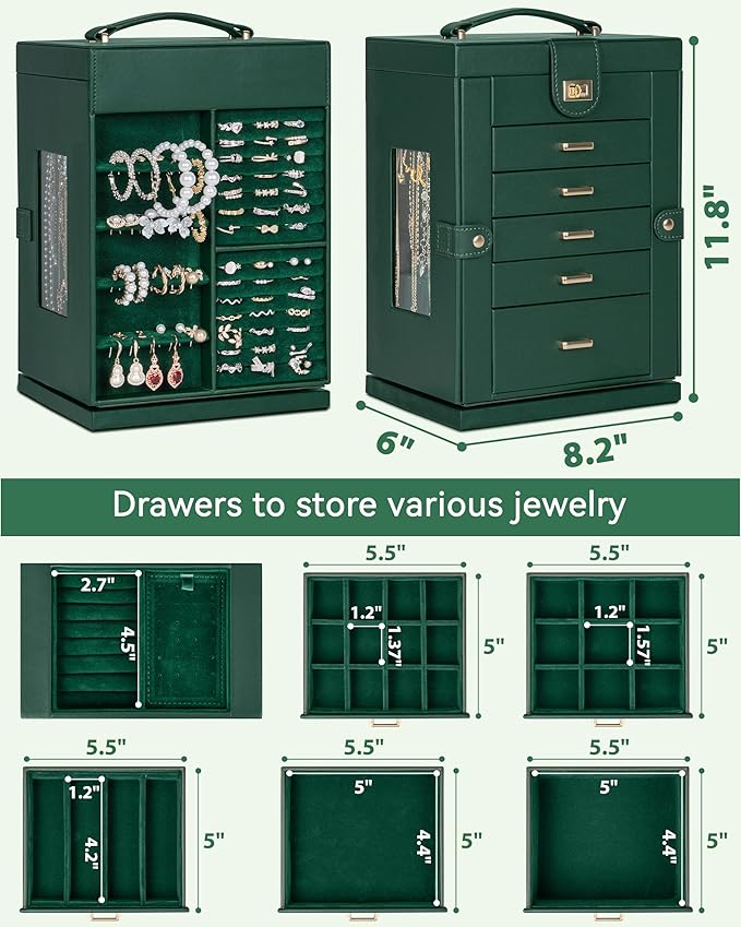 AKOZLIN 360° Rotating Jewelry Box 6-Tier Organizer Functional Jewelry Storage Case for Women Girls Ring Necklace Earring Bracelet Holder with Mirror