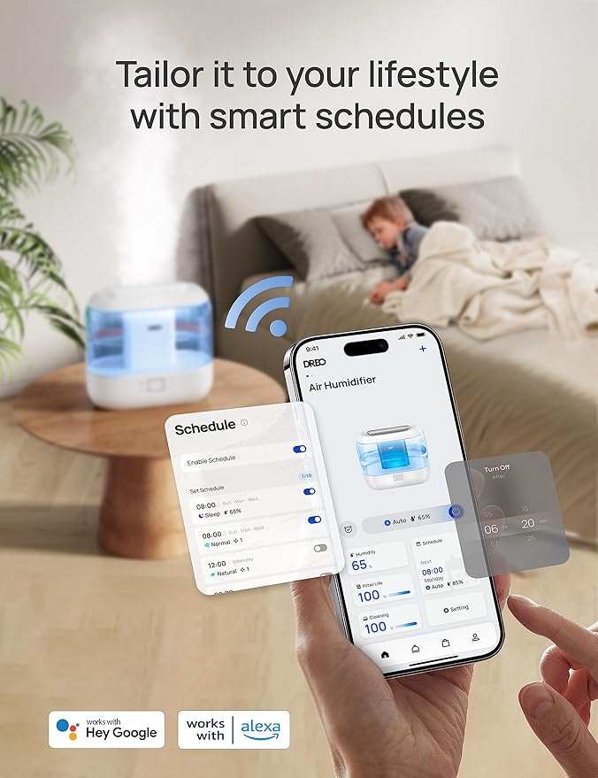 Dreo Humidifiers for Bedroom, Top Fill 4L Smart Cool Mist Humidifier with Oil Diffuser, Cartridge, Nightlight, 36H Runtime, Quiet Ultrasonic Humidifiers for Home, Baby Nursery, Plants, Office, HM311S