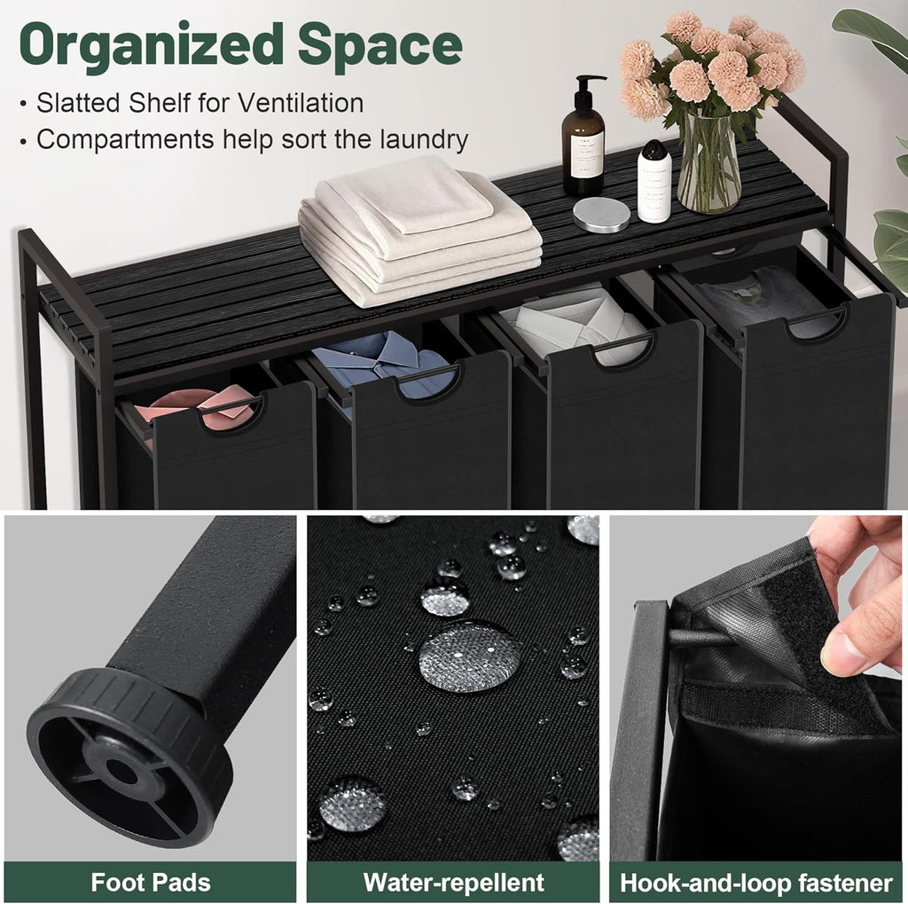 Laundry Hamper, Laundry Sorter with 4 Pull-Out Removable Oxford Fabric Bags Cloth Laundry Basket 4 x 10 Gallons (Charcoal Black)