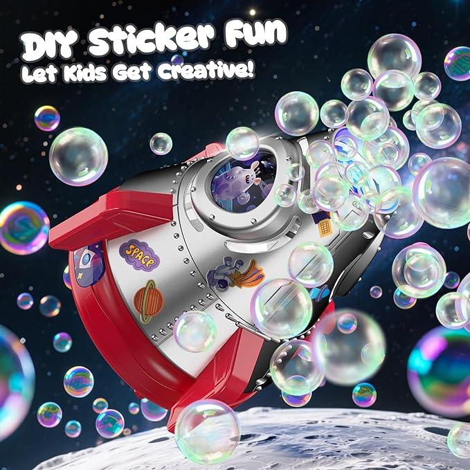Rocket Bubble Machine for Kids with Lights, 360° Rotating Bubble Blower Toy with 10 Refill Solutions, Bubble Maker for Toddlers, Fun Outdoor Party Gift for Boys & Girls RED