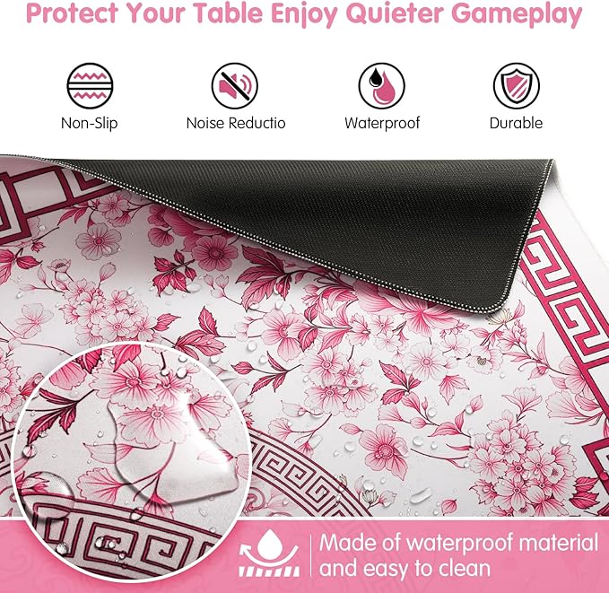 Mahjong Mat for Table 33x33 Inch, No-Crease, Anti-Slip, Noise-Reducing American Mahjong Mat, Mahjong Table Mat with Carry Bag, Neoprene Mahjong Mat for Poker, Card, Board(Pink)