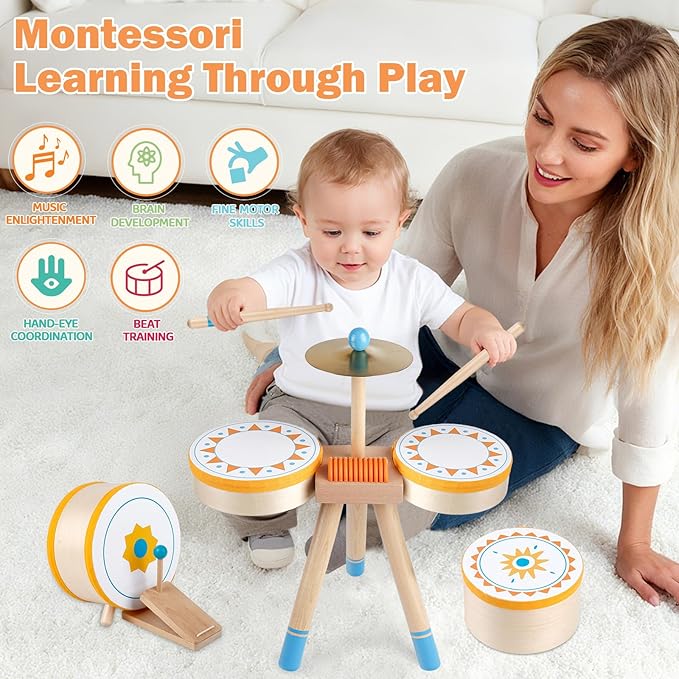 Kids Wooden Drum Kit, Montessori Musical Instruments for Toddlers, Baby Percussion Set Music Toys with Cymbal, Pedal Bass Drum & 2 Drumsticks, Educational Learning Birthday Gift for Boys Girls Ages 3+
