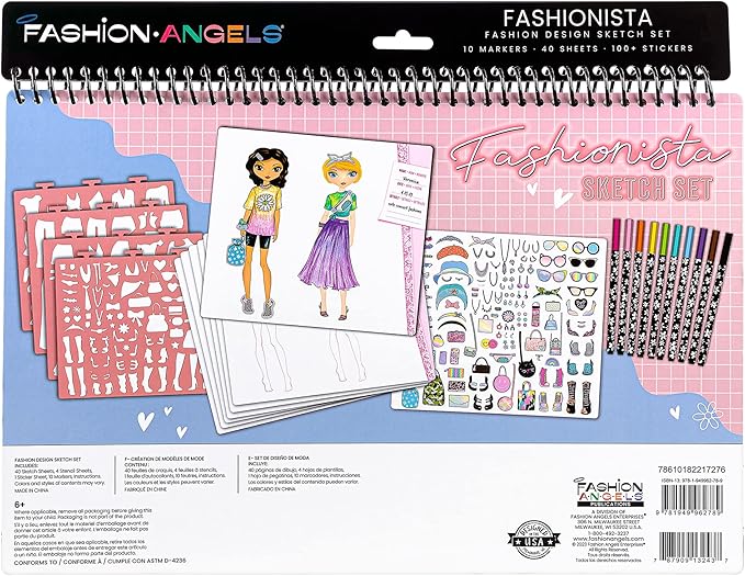 Fashion Angels Fashionista Sketch Set, Includes Sketch Pad with Stencils & Stickers, Fashion Design Sketch Book for Girls, Ideal Drawing Kit for Kids