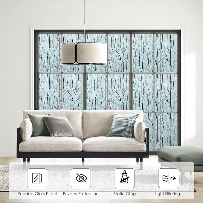 DKTIE Nature Pattern Rainbow Window Film Decorative Stained Glass Window Film Static Cling Films Easy Apply Removable Comes with Tools (U1747-Reeded Glass, 35.4" x 118.1")