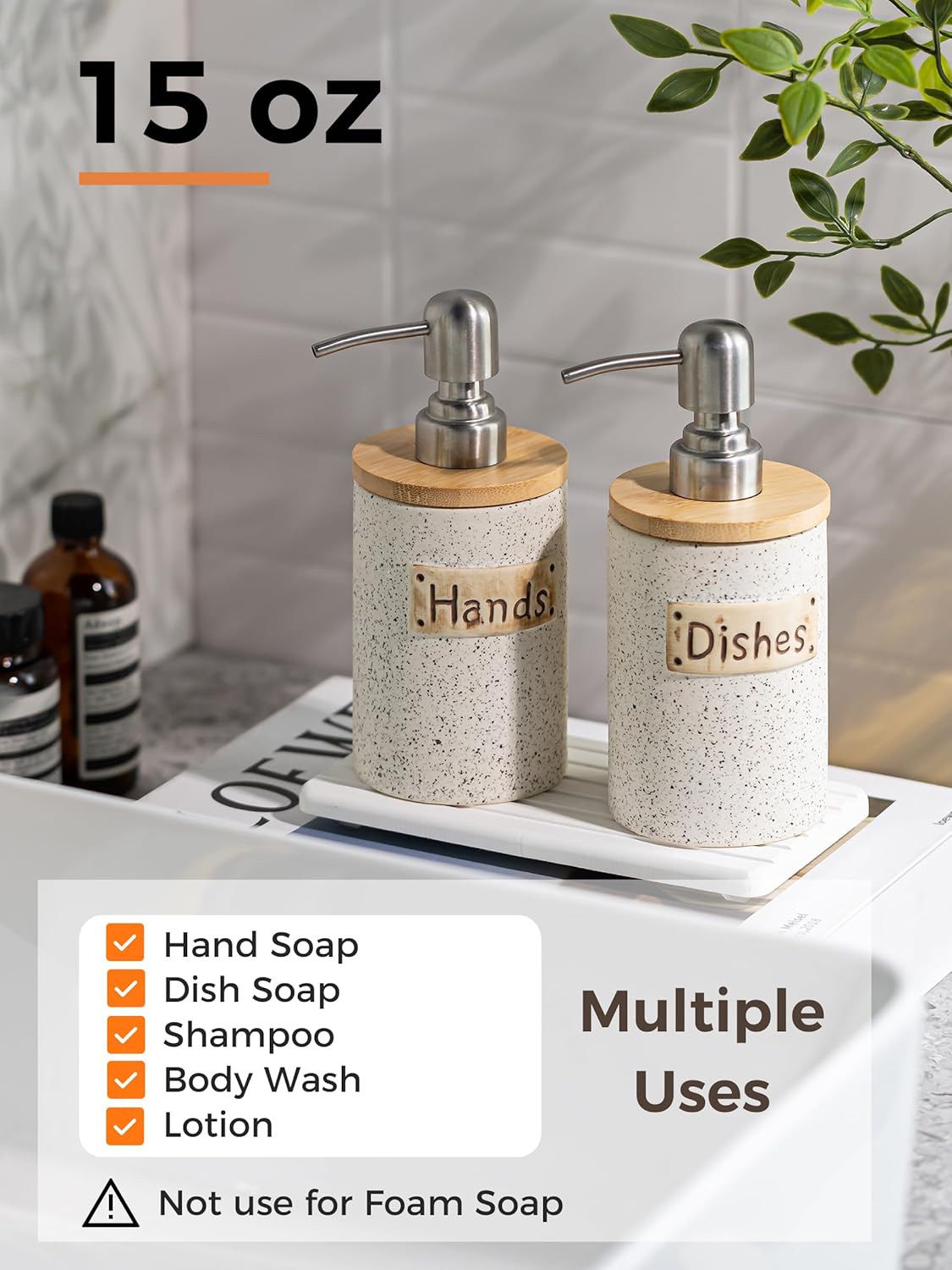 Kitchen Soap Dispenser Set, Ceramic Hand and Dish Soap Dispenser Set with Tray Collapsible Funnel, Hand Soap and Lotion Dispenser for Bathroom, White Bathroom Accessories