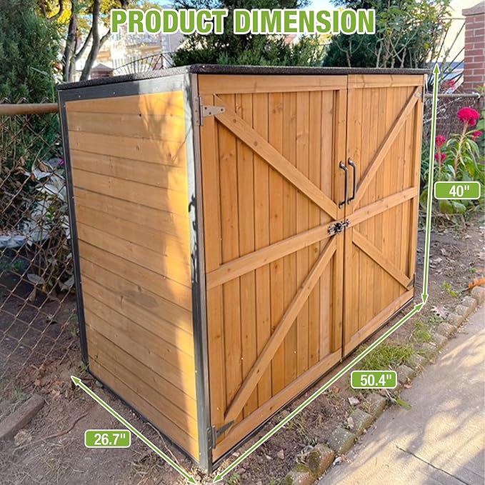 Outdoor Storage Shed with Metal Frame,Wooden Tool Cabinet for Trash Cans, House Garden Shed for Backyard Garden Patio Lawn