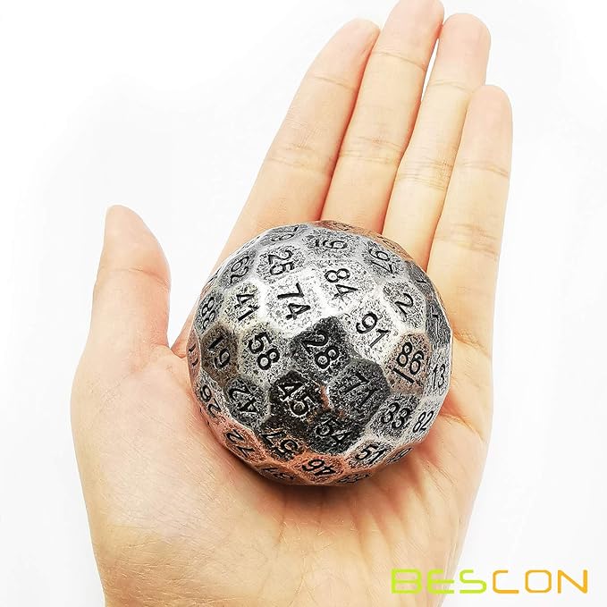 Bescon Solid Metal 100 Sided Dice, Game Dice D100, Giant Polyhedral Metal 100 Sides Dice 50MM in Diameter (1.97in), Ancient Silver