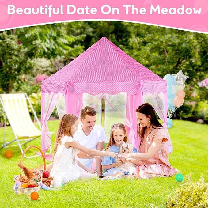 Princess Castle Tent with Rug for Girls Fairy Play Tents for Kids Hexagon Playhouse with Fairy Star Lights Toys for Children or Toddlers Indoor Games (Pink Princess Tent with Rug)