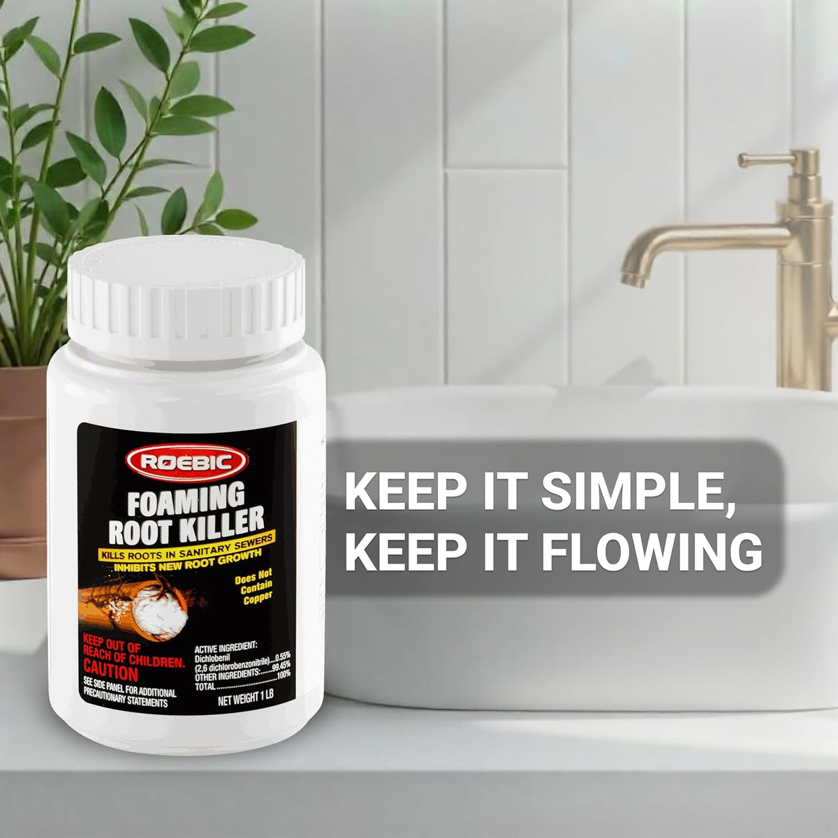 Roebic FRK Foaming Tree Root Killer, Chemical Septic System, Drain Field and Sewer Line Pipe Clog Remover and Root Destroyer, Safe for Bathroom Toilet, White Granules, 1 lb (Pack of 3)