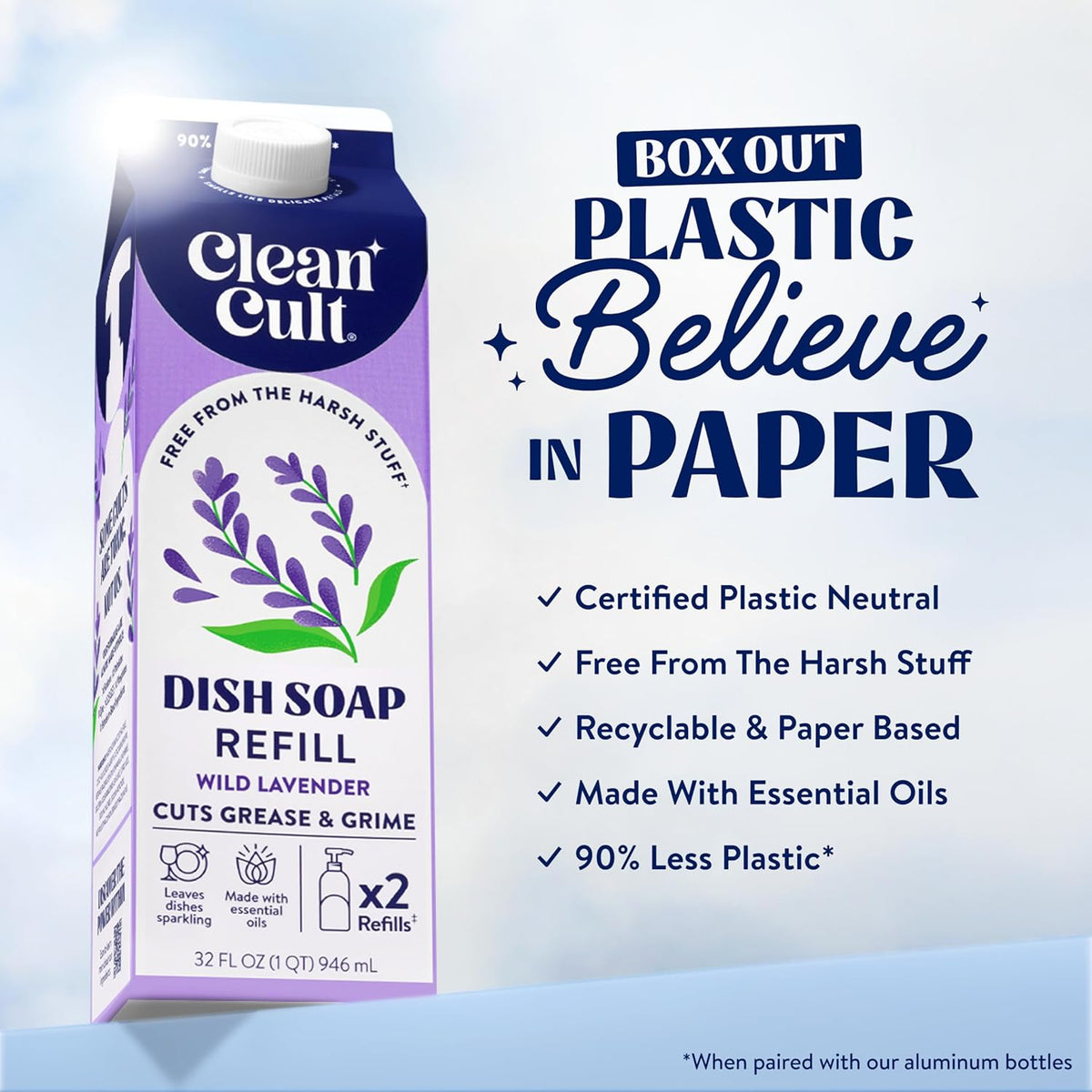 Cleancult Dish Soap Liquid Refills (32oz, 3 Pack) - Plant Based Cleaning Power - Dish Soap that Cuts Grease & Grime - Free of Harsh Chemicals - Uses 90% Less Plastic - Wild Lavender