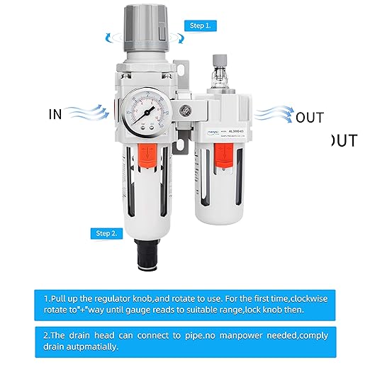 NANPU 3/8" NPT Auto-Drain Air Filter Regulator Lubricator Combo (FRL) Water/Oil Trap Separator - Gauge(0-150 psi), 5 Micron Brass Element, Poly Bowl, Metal Bracket